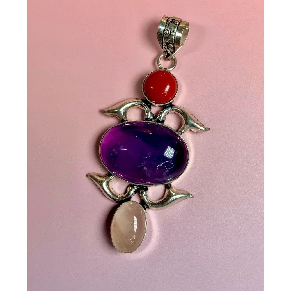 💜❤️🤍 Amethyst Coral & Rose‎ Quartz Statement Pendant Boho Cabochon 🤍❤️💜